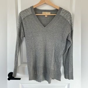 Michael Kors Gray V-Neck Sweater with Rhinestones